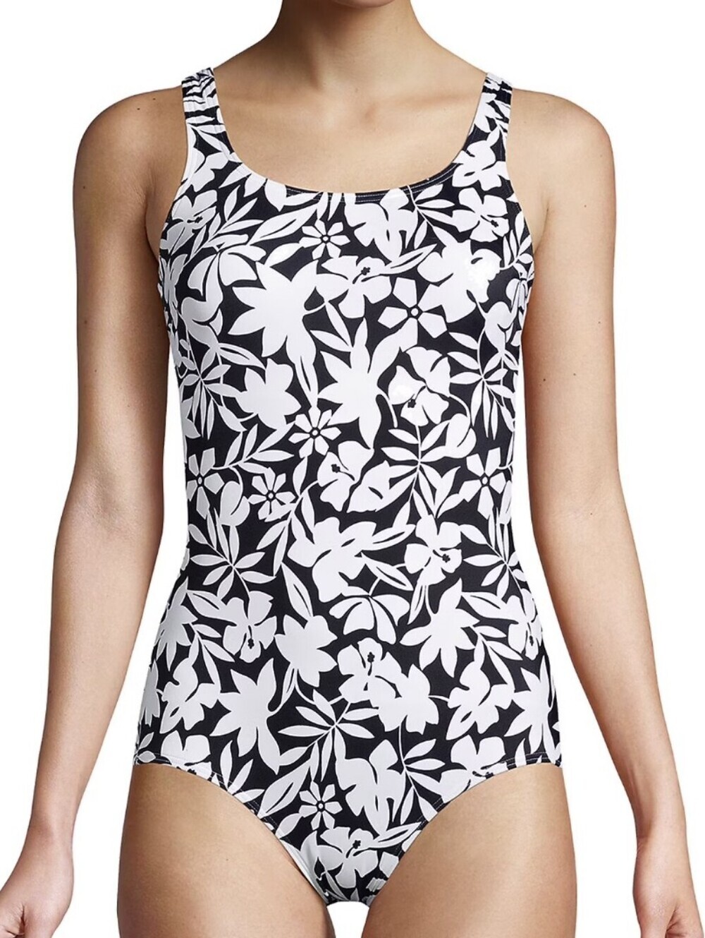 Lands' End Women's One Piece Swimsuit Black White Floral Built-In Bra Size 22W